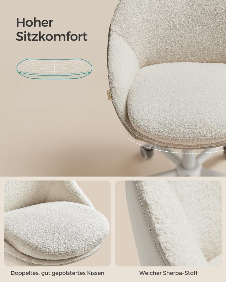SONGMICS Sherpa sminkstol f&ouml;r hemmakontor, kontorsstol, skumstoppning, h&ouml;jdjusterbar, f&ouml;r arbetsrum, sovrum, cappuccino beige/molnvit OBG020W01