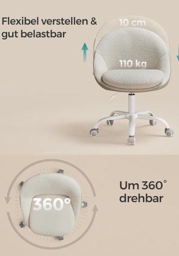 SONGMICS Sherpa sminkstol f&ouml;r hemmakontor, kontorsstol, skumstoppning, h&ouml;jdjusterbar, f&ouml;r arbetsrum, sovrum, cappuccino beige/molnvit OBG020W01