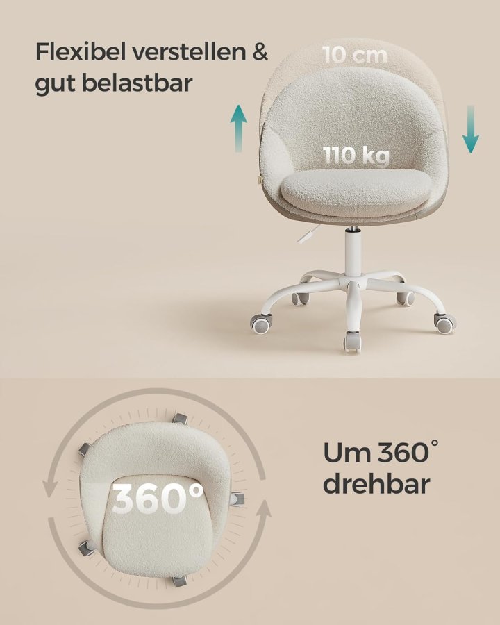 SONGMICS Sherpa sminkstol f&ouml;r hemmakontor, kontorsstol, skumstoppning, h&ouml;jdjusterbar, f&ouml;r arbetsrum, sovrum, cappuccino beige/molnvit OBG020W01