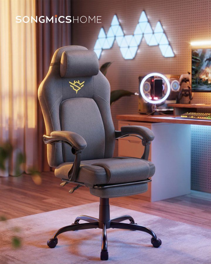 SONGMICS HOME Gamingstol Ergonomisk Computerstol med Fodst�tte Kontordrejestol med Pude Bomuld H�rblanding H�jdejusterbar Duegr� OBG072G01