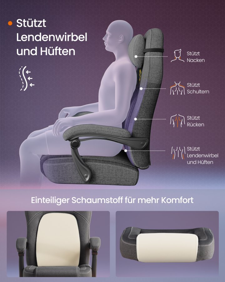 SONGMICS HOME Gamingstol Ergonomisk Computerstol med Fodst�tte Kontordrejestol med Pude Bomuld H�rblanding H�jdejusterbar Duegr� OBG072G01