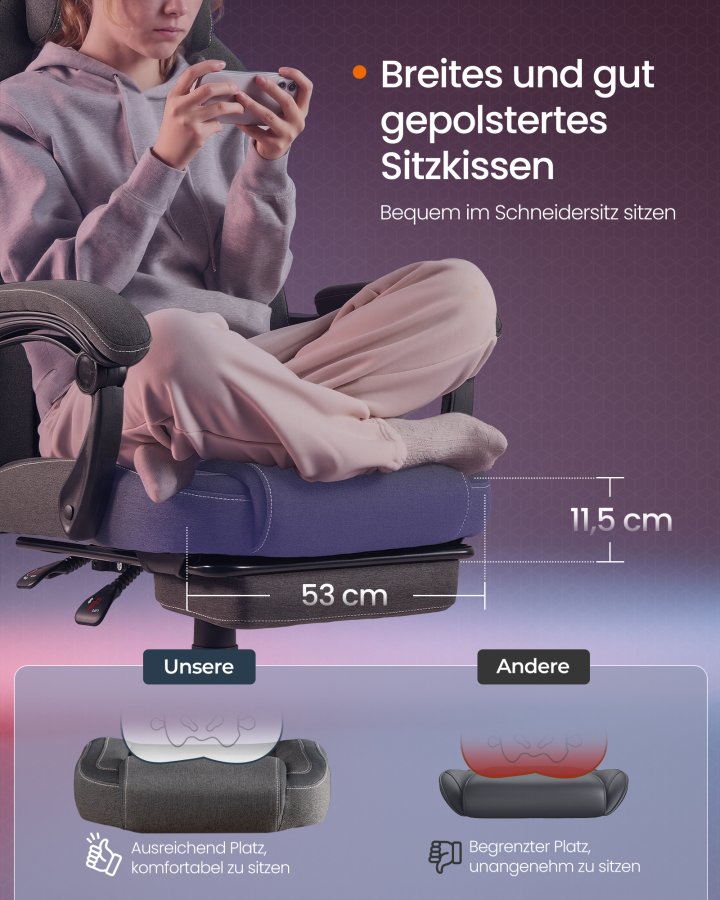 SONGMICS HOME Gamingstol Ergonomisk Computerstol med Fodst�tte Kontordrejestol med Pude Bomuld H�rblanding H�jdejusterbar Duegr� OBG072G01