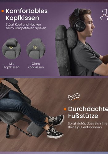 SONGMICS HOME Gamingstol Ergonomisk Computerstol med Fodst�tte Kontordrejestol med Pude Bomuld H�rblanding H�jdejusterbar Duegr� OBG072G01