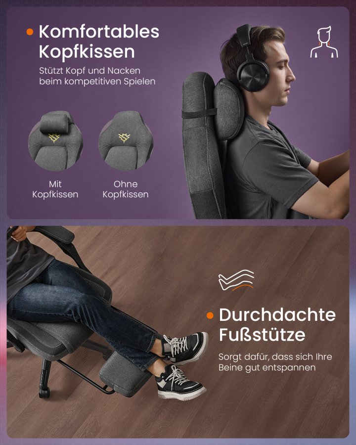SONGMICS HOME Gamingstol Ergonomisk Computerstol med Fodst�tte Kontordrejestol med Pude Bomuld H�rblanding H�jdejusterbar Duegr� OBG072G01