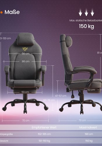 SONGMICS HOME Gamingstol Ergonomisk Computerstol med Fodst�tte Kontordrejestol med Pude Bomuld H�rblanding H�jdejusterbar Duegr� OBG072G01
