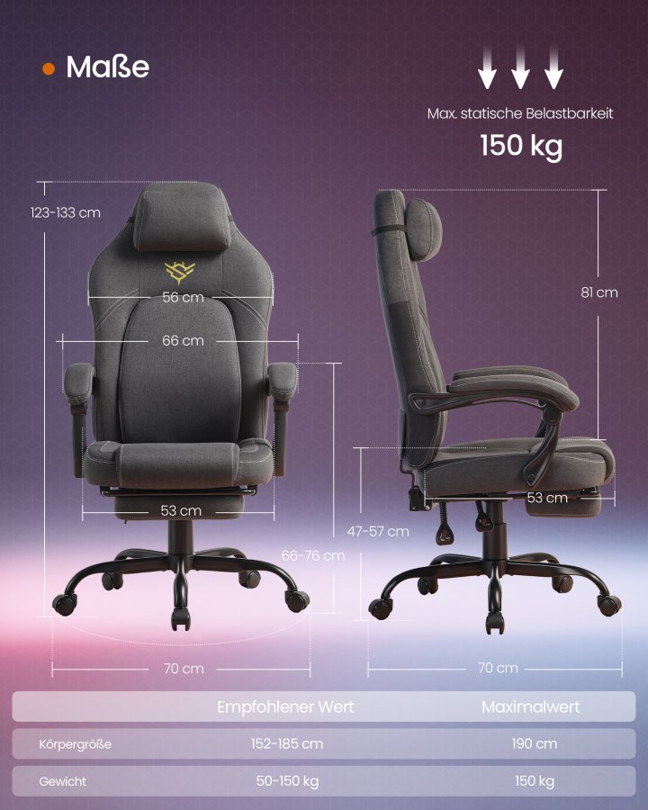 SONGMICS HOME Gamingstol Ergonomisk Computerstol med Fodst�tte Kontordrejestol med Pude Bomuld H�rblanding H�jdejusterbar Duegr� OBG072G01