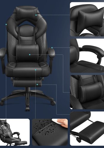 SONGMICS OBG077B01 ergonomisk gamingstol, m. arml�n, justerbar nakkest�tte, l�ndest�tte, fodst�tte, hjul - sort polypropylen, mesh og st�l