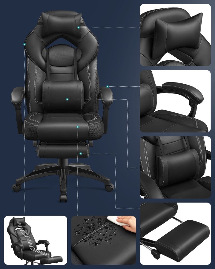 SONGMICS OBG077B01 ergonomisk gamingstol, m. arml�n, justerbar nakkest�tte, l�ndest�tte, fodst�tte, hjul - sort polypropylen, mesh og st�l