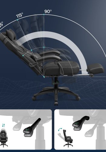 SONGMICS OBG077B01 ergonomisk gamingstol, m. arml�n, justerbar nakkest�tte, l�ndest�tte, fodst�tte, hjul - sort polypropylen, mesh og st�l