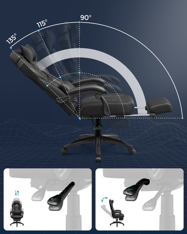 SONGMICS OBG077B01 ergonomisk gamingstol, m. arml�n, justerbar nakkest�tte, l�ndest�tte, fodst�tte, hjul - sort polypropylen, mesh og st�l