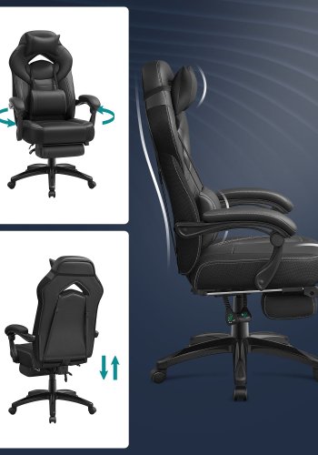SONGMICS OBG077B01 ergonomisk gamingstol, m. arml�n, justerbar nakkest�tte, l�ndest�tte, fodst�tte, hjul - sort polypropylen, mesh og st�l