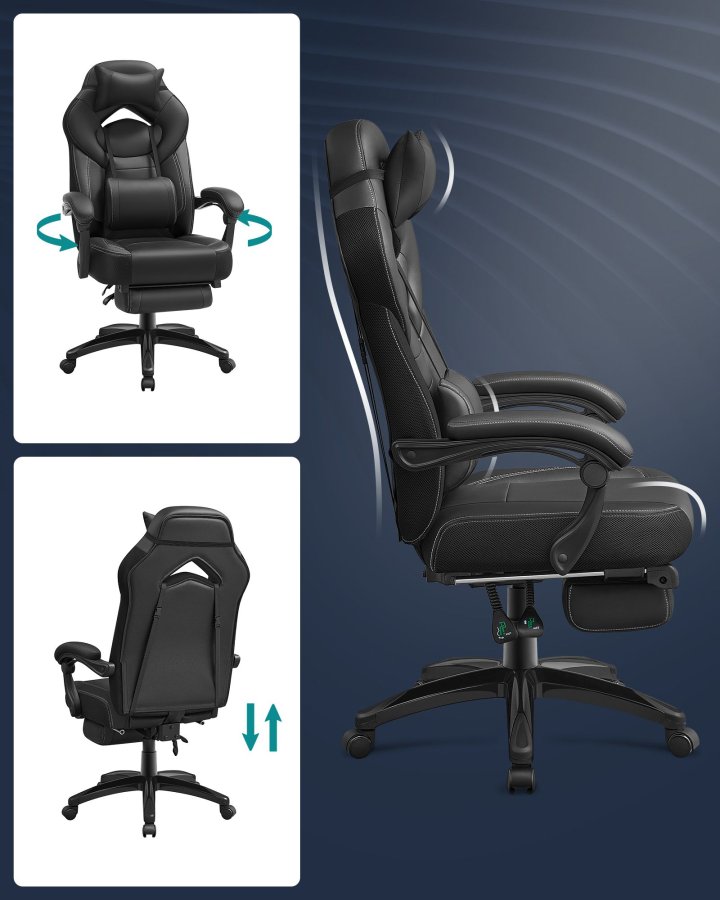 SONGMICS OBG077B01 ergonomisk gamingstol, m. arml�n, justerbar nakkest�tte, l�ndest�tte, fodst�tte, hjul - sort polypropylen, mesh og st�l