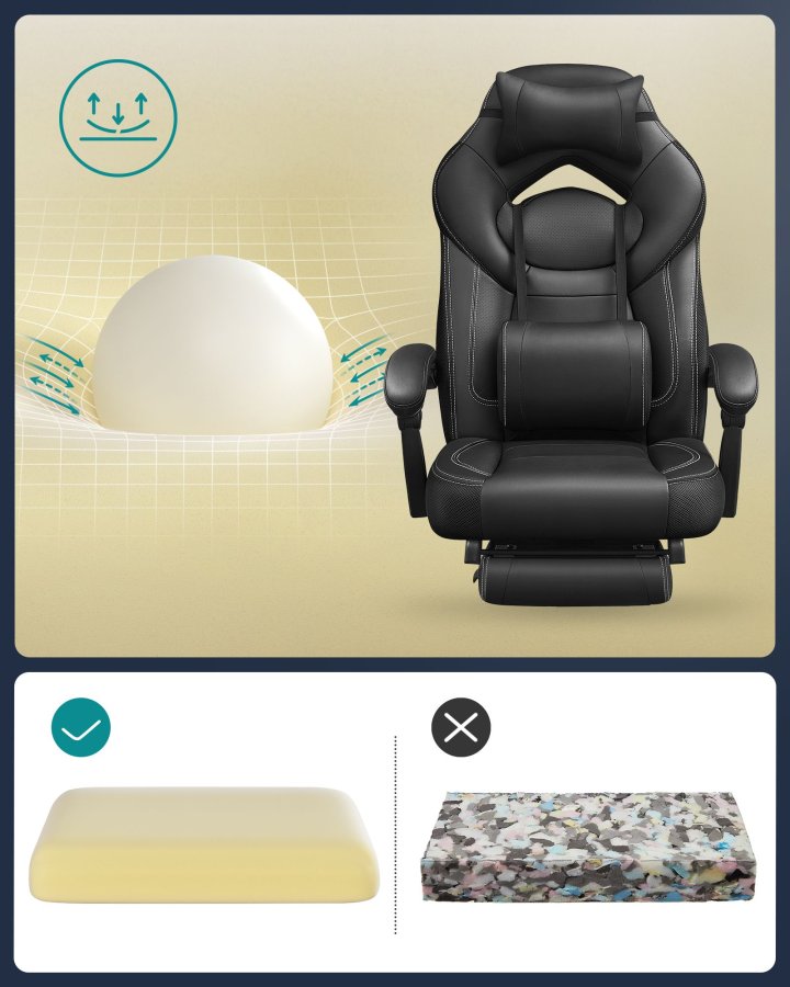 SONGMICS OBG077B01 ergonomisk gamingstol, m. arml�n, justerbar nakkest�tte, l�ndest�tte, fodst�tte, hjul - sort polypropylen, mesh og st�l