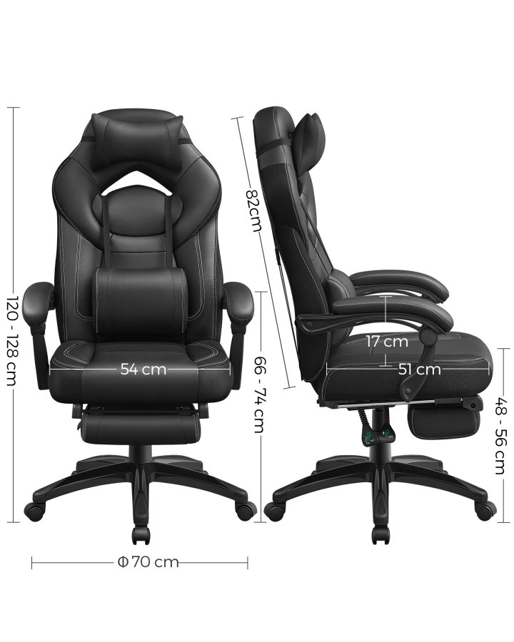 SONGMICS OBG077B01 ergonomisk gamingstol, m. arml�n, justerbar nakkest�tte, l�ndest�tte, fodst�tte, hjul - sort polypropylen, mesh og st�l
