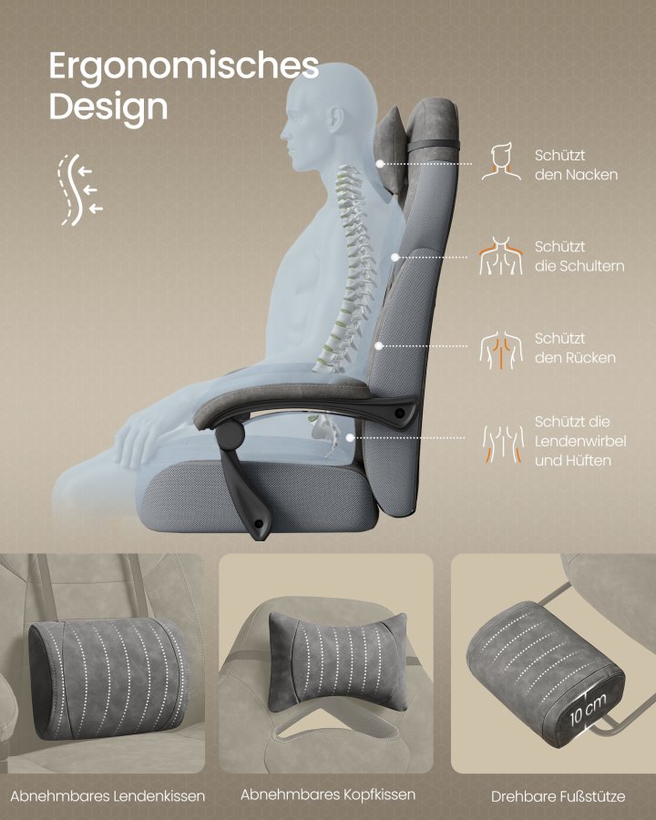 SONGMICS Gamingstol, Kontorcomputerstol, Ergonomisk Design, Med Fodst�tte, Justerbar Nakkest�tte, L�ndest�tte, 150 kg Belastningskapacitet, Skifergr� OBG077G01