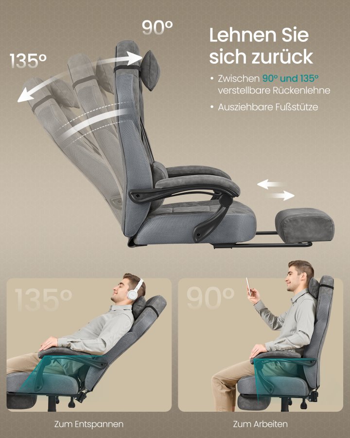 SONGMICS Gamingstol, Kontorcomputerstol, Ergonomisk Design, Med Fodst�tte, Justerbar Nakkest�tte, L�ndest�tte, 150 kg Belastningskapacitet, Skifergr� OBG077G01