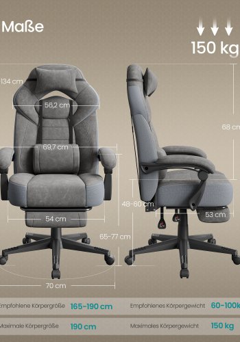 SONGMICS Gamingstol, Kontorcomputerstol, Ergonomisk Design, Med Fodst�tte, Justerbar Nakkest�tte, L�ndest�tte, 150 kg Belastningskapacitet, Skifergr� OBG077G01
