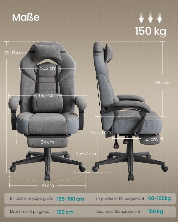 SONGMICS Gamingstol, Kontorcomputerstol, Ergonomisk Design, Med Fodst�tte, Justerbar Nakkest�tte, L�ndest�tte, 150 kg Belastningskapacitet, Skifergr� OBG077G01