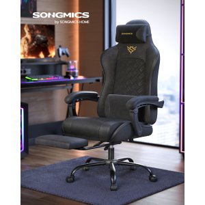SONGMICS Gamingstol, Kontorstol, Skrivebordsstol, Ergonomisk Gamingstol, S�dehynde med fjedre, Fodst�tte, Arml�n med synkron mekanisme, Bl�ksort OBG079B01
