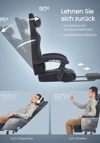 SONGMICS Gamingstol, Kontorstol, Skrivebordsstol, Ergonomisk Gamingstol, S�dehynde med fjedre, Fodst�tte, Arml�n med synkron mekanisme, Bl�ksort OBG079B01