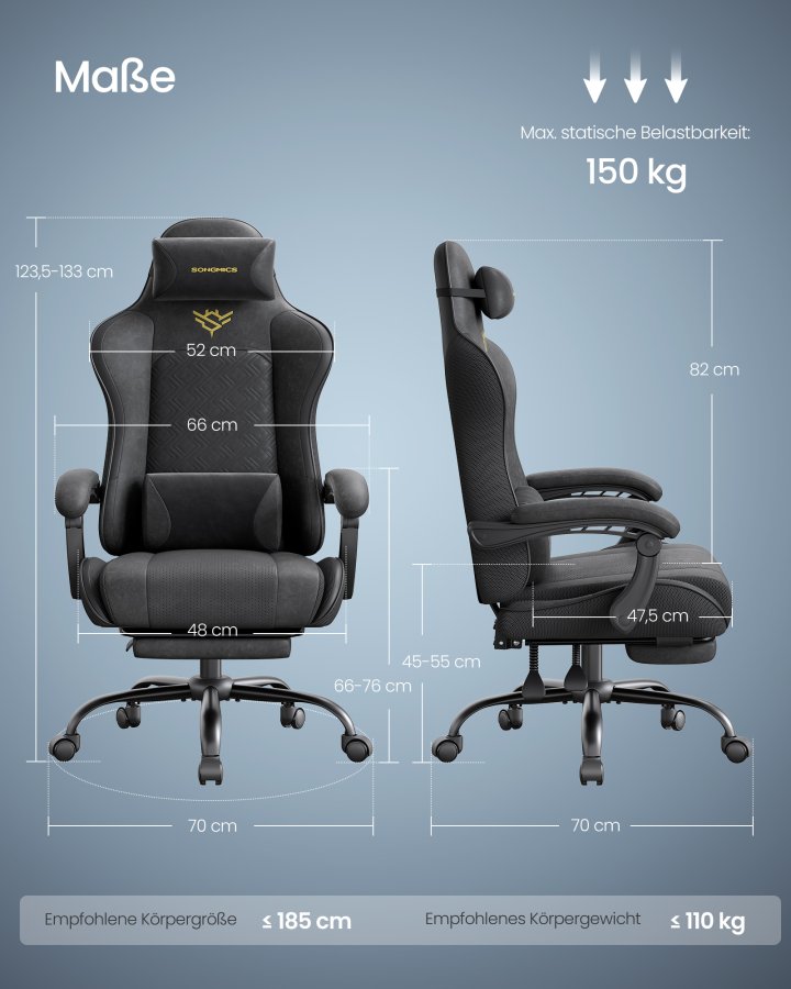 SONGMICS Gamingstol, Kontorstol, Skrivebordsstol, Ergonomisk Gamingstol, S�dehynde med fjedre, Fodst�tte, Arml�n med synkron mekanisme, Bl�ksort OBG079B01