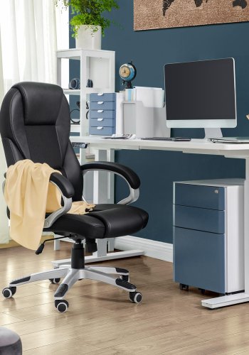 SONGMICS OBG22B ergonomisk kontorstol, m. arml�n, drejefunktion, h�jdejusterbar, vippemekanisme, hjul - sort PU og st�l
