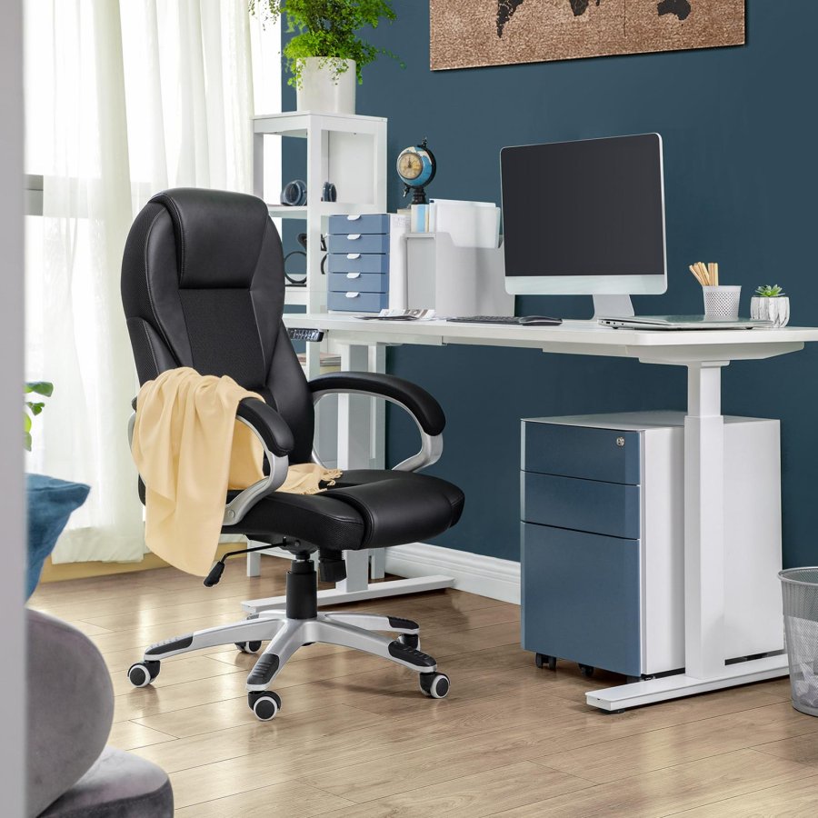 SONGMICS OBG22B - Snurrstol f&ouml;r kontor, arbetsstol, ergonomisk, PU, med hjul, svart, 76x66x32