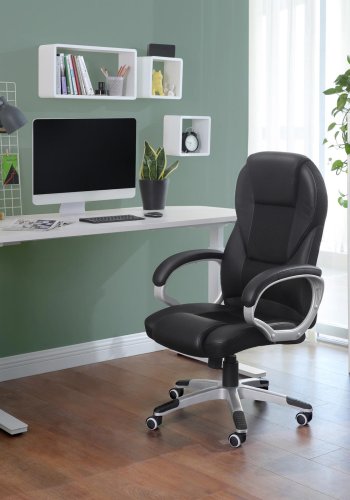 SONGMICS OBG22B ergonomisk kontorstol, m. arml�n, drejefunktion, h�jdejusterbar, vippemekanisme, hjul - sort PU og st�l