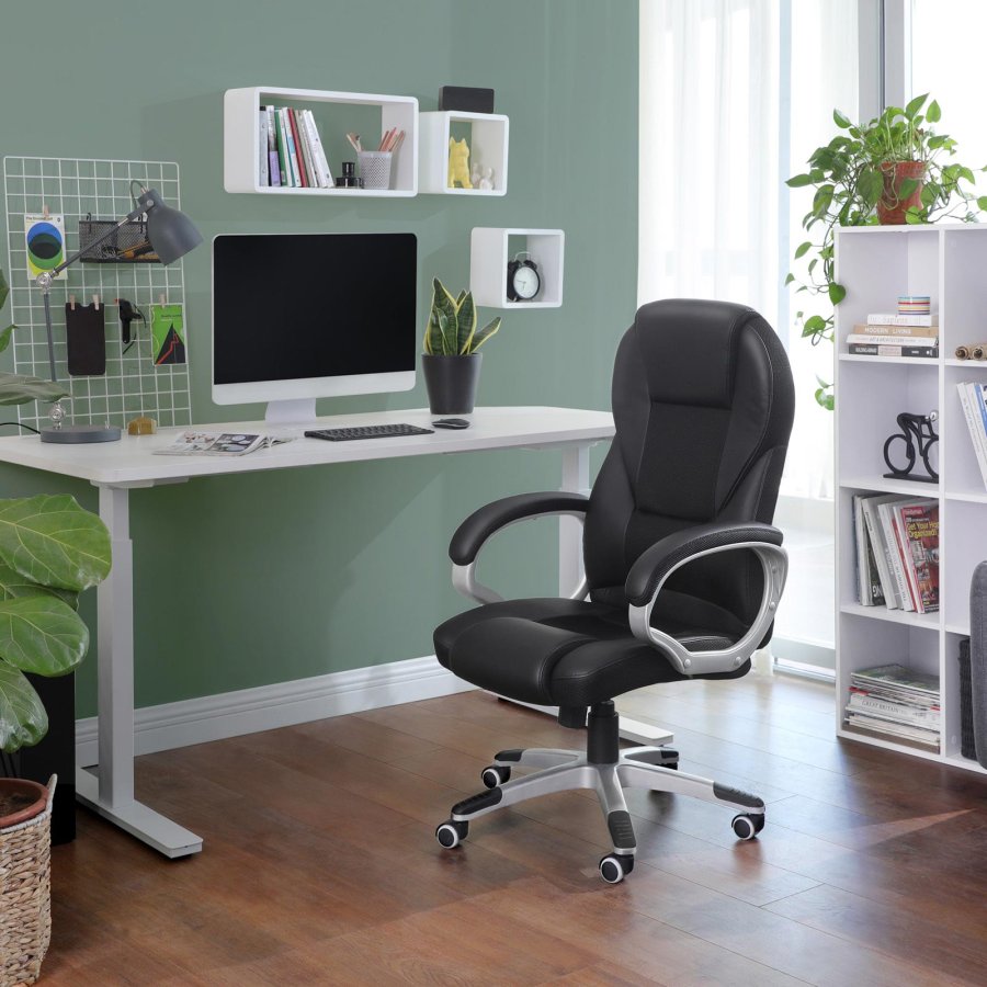 SONGMICS OBG22B - Snurrstol f&ouml;r kontor, arbetsstol, ergonomisk, PU, med hjul, svart, 76x66x32