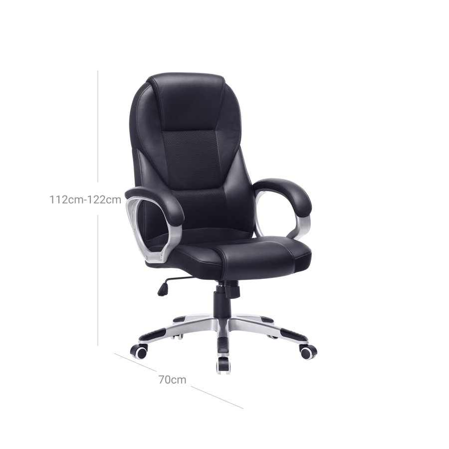 SONGMICS OBG22B - Snurrstol f&ouml;r kontor, arbetsstol, ergonomisk, PU, med hjul, svart, 76x66x32