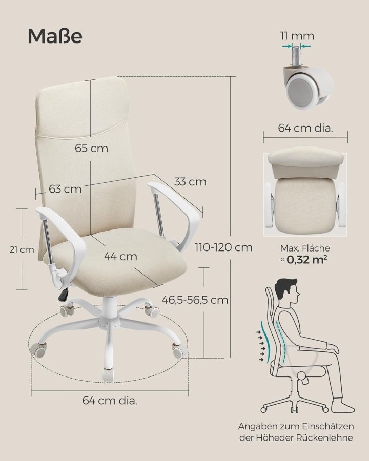 SONGMICS Kontorsstol, Ergonomisk Snurrstol, Stoppad Sits, Tyg&ouml;verdrag, Justerbar och Tiltbar