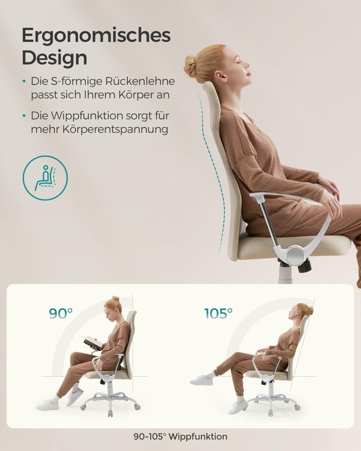 SONGMICS Kontorsstol, Ergonomisk Snurrstol, Stoppad Sits, Tyg&ouml;verdrag, Justerbar och Tiltbar
