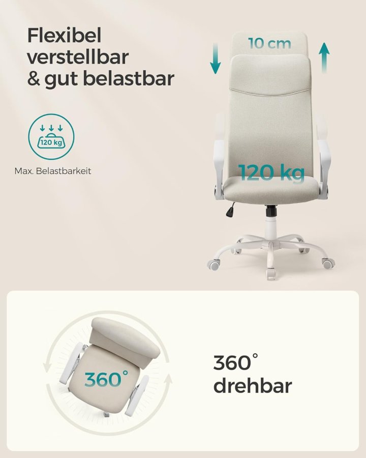 SONGMICS Kontorsstol, Ergonomisk Snurrstol, Stoppad Sits, Tyg&ouml;verdrag, Justerbar och Tiltbar