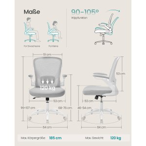 SONGMICS snurrstol f&ouml;r kontor, ergonomisk datorstol i n&auml;t, svankst&ouml;d, gungfunktion, 53 cm sits, f&auml;llbara armst&ouml;d, duvgr� OBN037G02