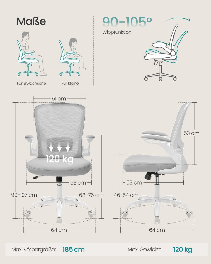 SONGMICS snurrstol f&ouml;r kontor, ergonomisk datorstol i n&auml;t, svankst&ouml;d, gungfunktion, 53 cm sits, f&auml;llbara armst&ouml;d, duvgr� OBN037G02