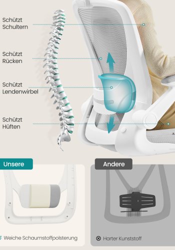 SONGMICS snurrstol f&ouml;r kontor, ergonomisk datorstol i n&auml;t, svankst&ouml;d, gungfunktion, 53 cm sits, f&auml;llbara armst&ouml;d, duvgr� OBN037G02
