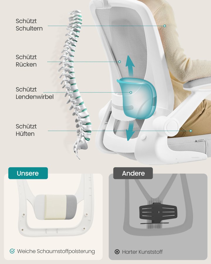 SONGMICS snurrstol f&ouml;r kontor, ergonomisk datorstol i n&auml;t, svankst&ouml;d, gungfunktion, 53 cm sits, f&auml;llbara armst&ouml;d, duvgr� OBN037G02
