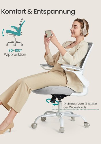 SONGMICS snurrstol f&ouml;r kontor, ergonomisk datorstol i n&auml;t, svankst&ouml;d, gungfunktion, 53 cm sits, f&auml;llbara armst&ouml;d, duvgr� OBN037G02