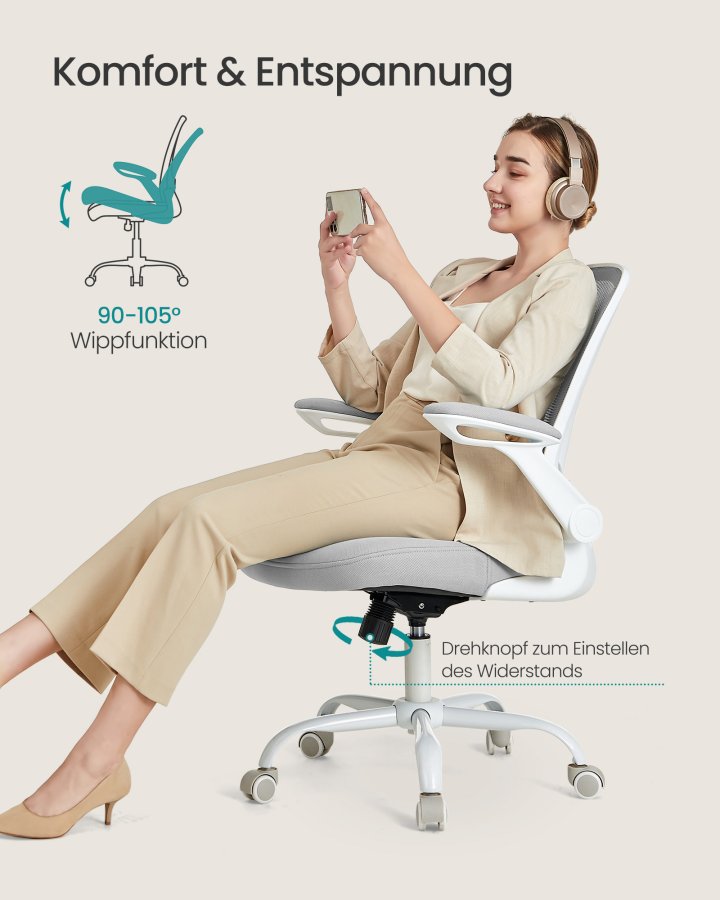 SONGMICS snurrstol f&ouml;r kontor, ergonomisk datorstol i n&auml;t, svankst&ouml;d, gungfunktion, 53 cm sits, f&auml;llbara armst&ouml;d, duvgr� OBN037G02