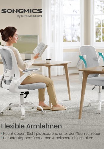 SONGMICS snurrstol f&ouml;r kontor, ergonomisk datorstol i n&auml;t, svankst&ouml;d, gungfunktion, 53 cm sits, f&auml;llbara armst&ouml;d, duvgr� OBN037G02