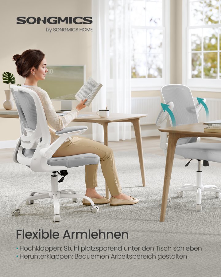 SONGMICS snurrstol f&ouml;r kontor, ergonomisk datorstol i n&auml;t, svankst&ouml;d, gungfunktion, 53 cm sits, f&auml;llbara armst&ouml;d, duvgr� OBN037G02