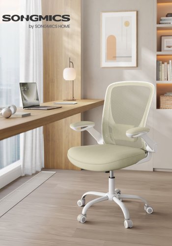SONGMICS OBN037K02 ergonomisk kontorstol, m. Flip-Up arml�n, vippefunktion, hjul - havrebeige net og st�l