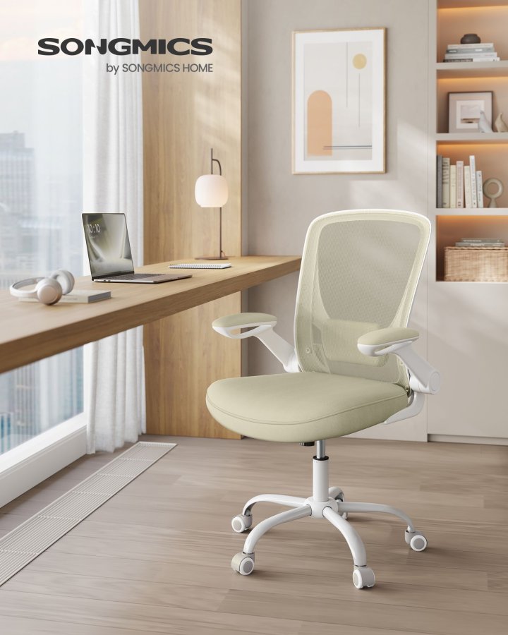 SONGMICS Kontorsstol, Skrivbordsstol i n&auml;t, Ergonomisk datorstol, Svankst&ouml;d, Gungfunktion, Sittbredd 53 cm, Uppf&auml;llbart armst&ouml;d, Havrebeige OBN037K02