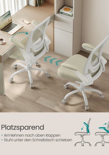 SONGMICS OBN037K02 ergonomisk kontorstol, m. Flip-Up arml�n, vippefunktion, hjul - havrebeige net og st�l