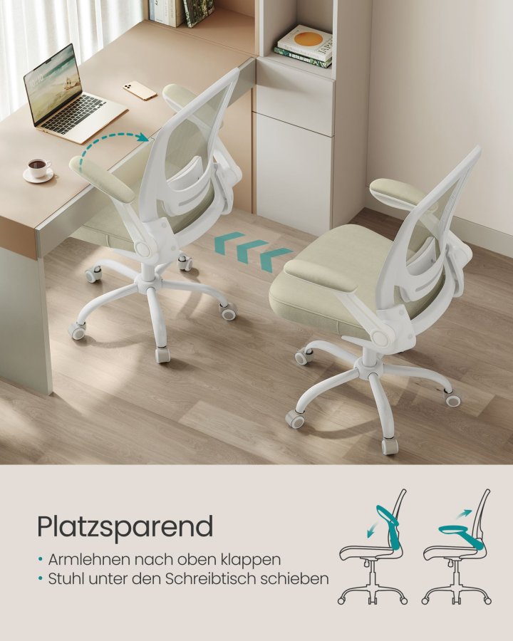 SONGMICS Kontorsstol, Skrivbordsstol i n&auml;t, Ergonomisk datorstol, Svankst&ouml;d, Gungfunktion, Sittbredd 53 cm, Uppf&auml;llbart armst&ouml;d, Havrebeige OBN037K02