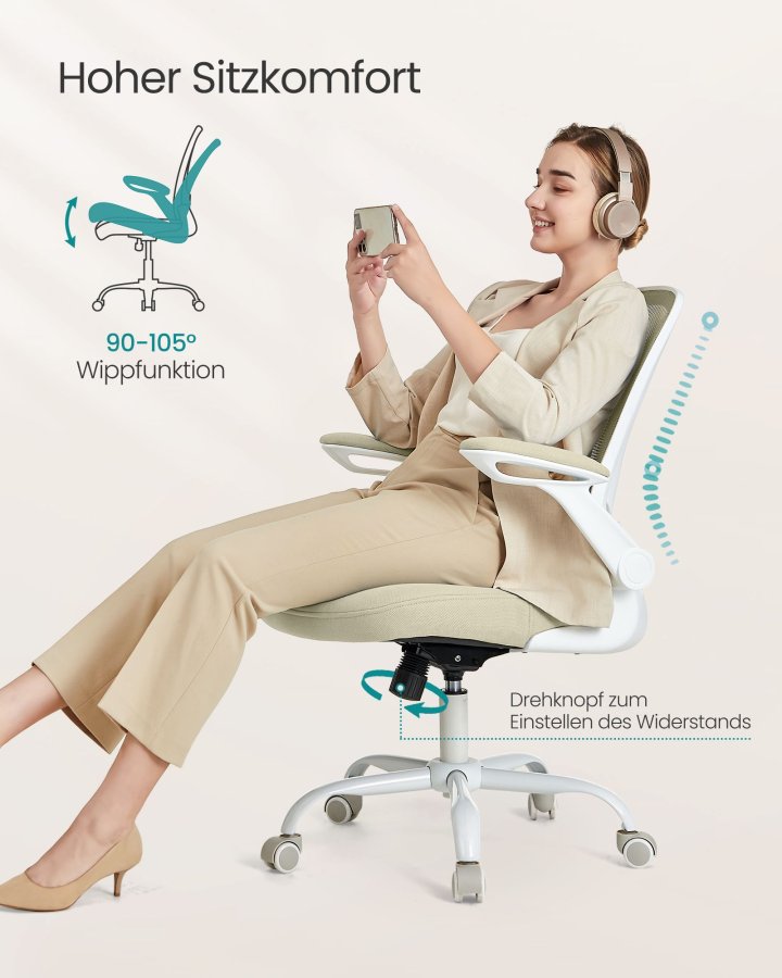 SONGMICS Kontorsstol, Skrivbordsstol i n&auml;t, Ergonomisk datorstol, Svankst&ouml;d, Gungfunktion, Sittbredd 53 cm, Uppf&auml;llbart armst&ouml;d, Havrebeige OBN037K02
