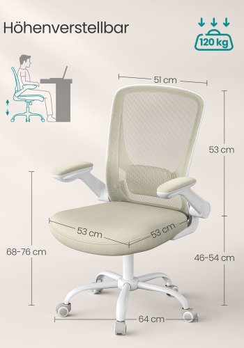 SONGMICS Kontorsstol, Skrivbordsstol i n&auml;t, Ergonomisk datorstol, Svankst&ouml;d, Gungfunktion, Sittbredd 53 cm, Uppf&auml;llbart armst&ouml;d, Havrebeige OBN037K02