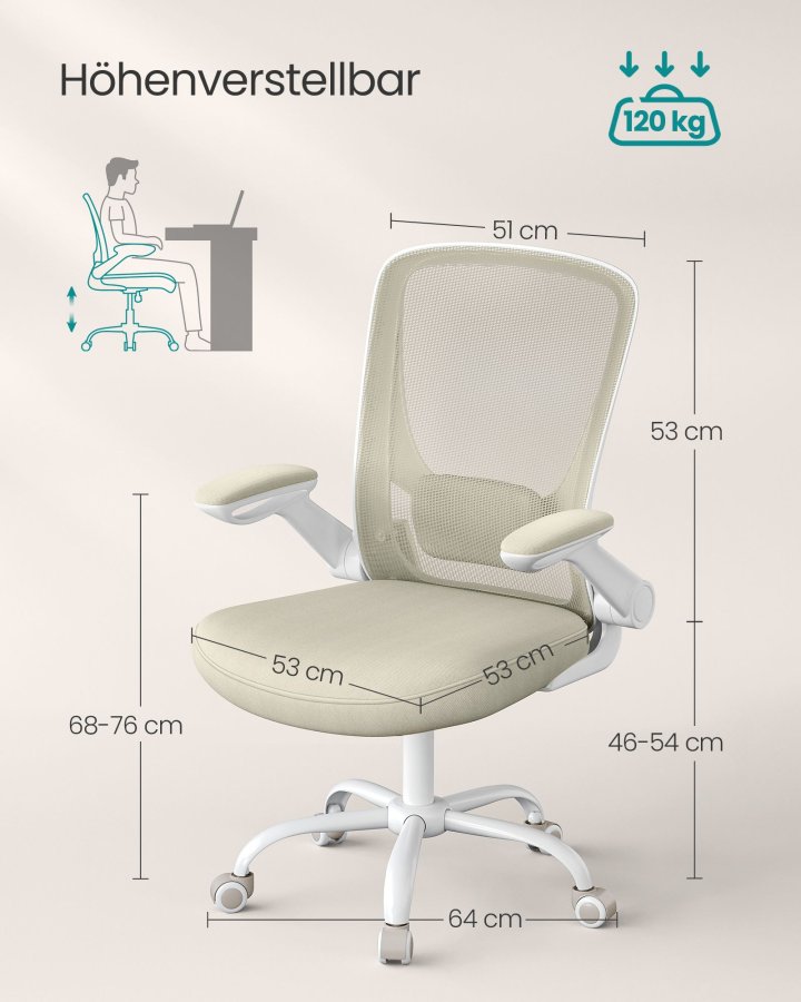 SONGMICS Kontorsstol, Skrivbordsstol i n&auml;t, Ergonomisk datorstol, Svankst&ouml;d, Gungfunktion, Sittbredd 53 cm, Uppf&auml;llbart armst&ouml;d, Havrebeige OBN037K02