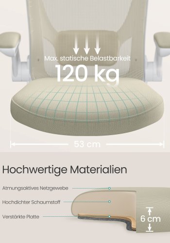 SONGMICS Kontorsstol, Skrivbordsstol i n&auml;t, Ergonomisk datorstol, Svankst&ouml;d, Gungfunktion, Sittbredd 53 cm, Uppf&auml;llbart armst&ouml;d, Havrebeige OBN037K02