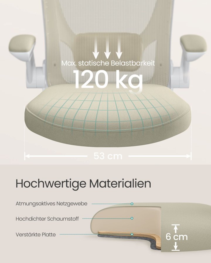 SONGMICS Kontorsstol, Skrivbordsstol i n&auml;t, Ergonomisk datorstol, Svankst&ouml;d, Gungfunktion, Sittbredd 53 cm, Uppf&auml;llbart armst&ouml;d, Havrebeige OBN037K02